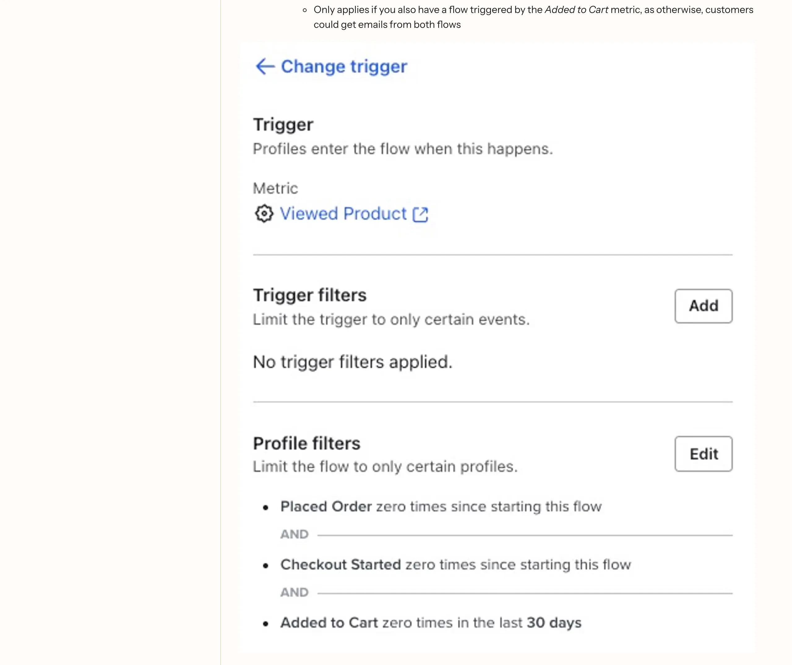 The Viewed Product trigger and profile filters in a Klaviyo browse abandonment flow, captured from Klaviyo's help centre on 20 September 2026