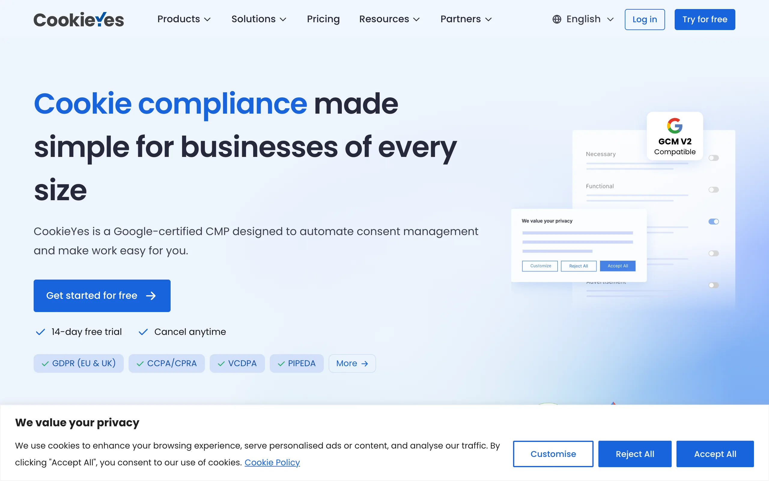 CookieYes's live consent banner with Reject All and Accept All given equal weight, captured on 19 September 2026