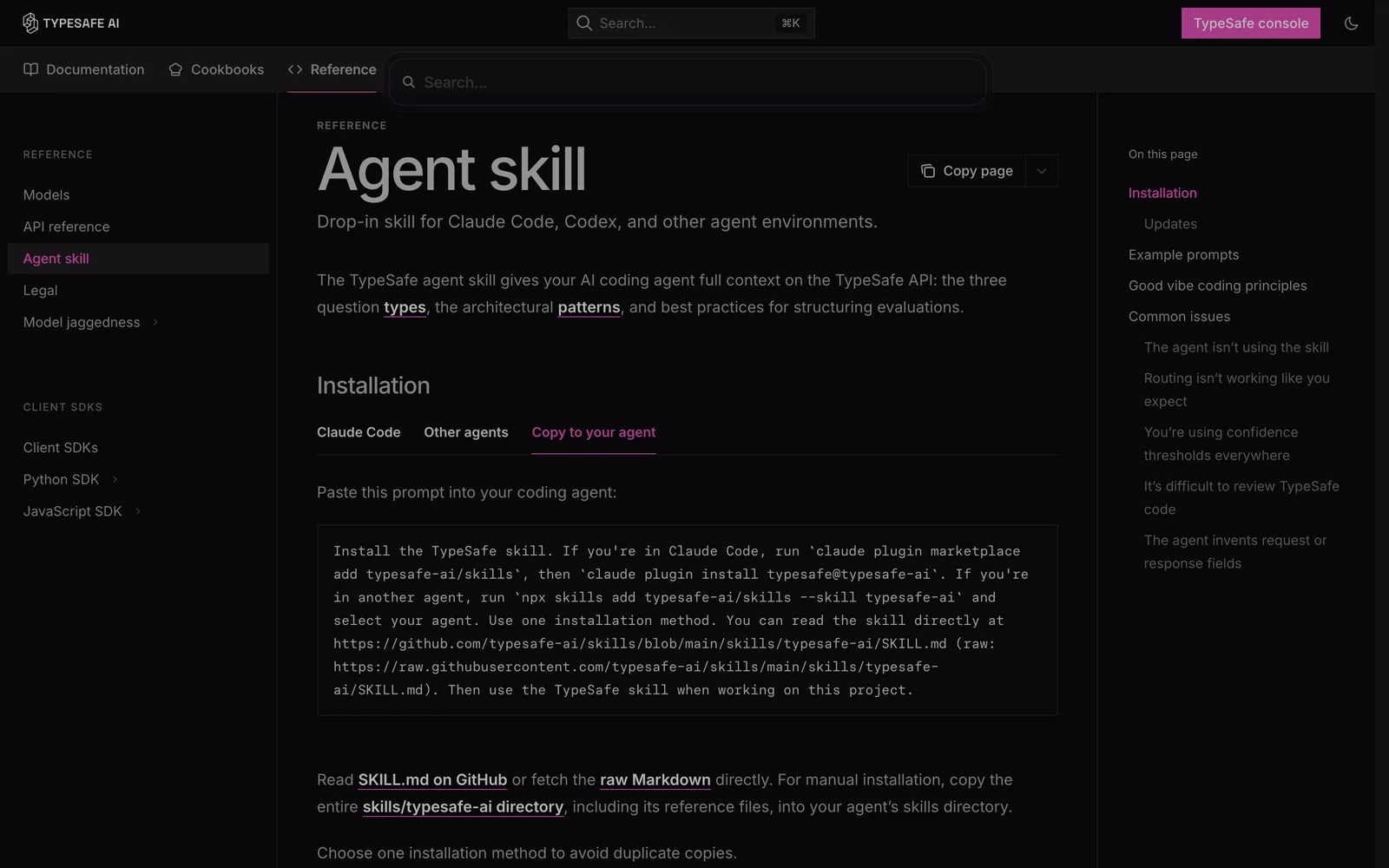 The Copy to your agent tab on TypeSafe's agent skill page, showing the prompt to paste into an AI agent