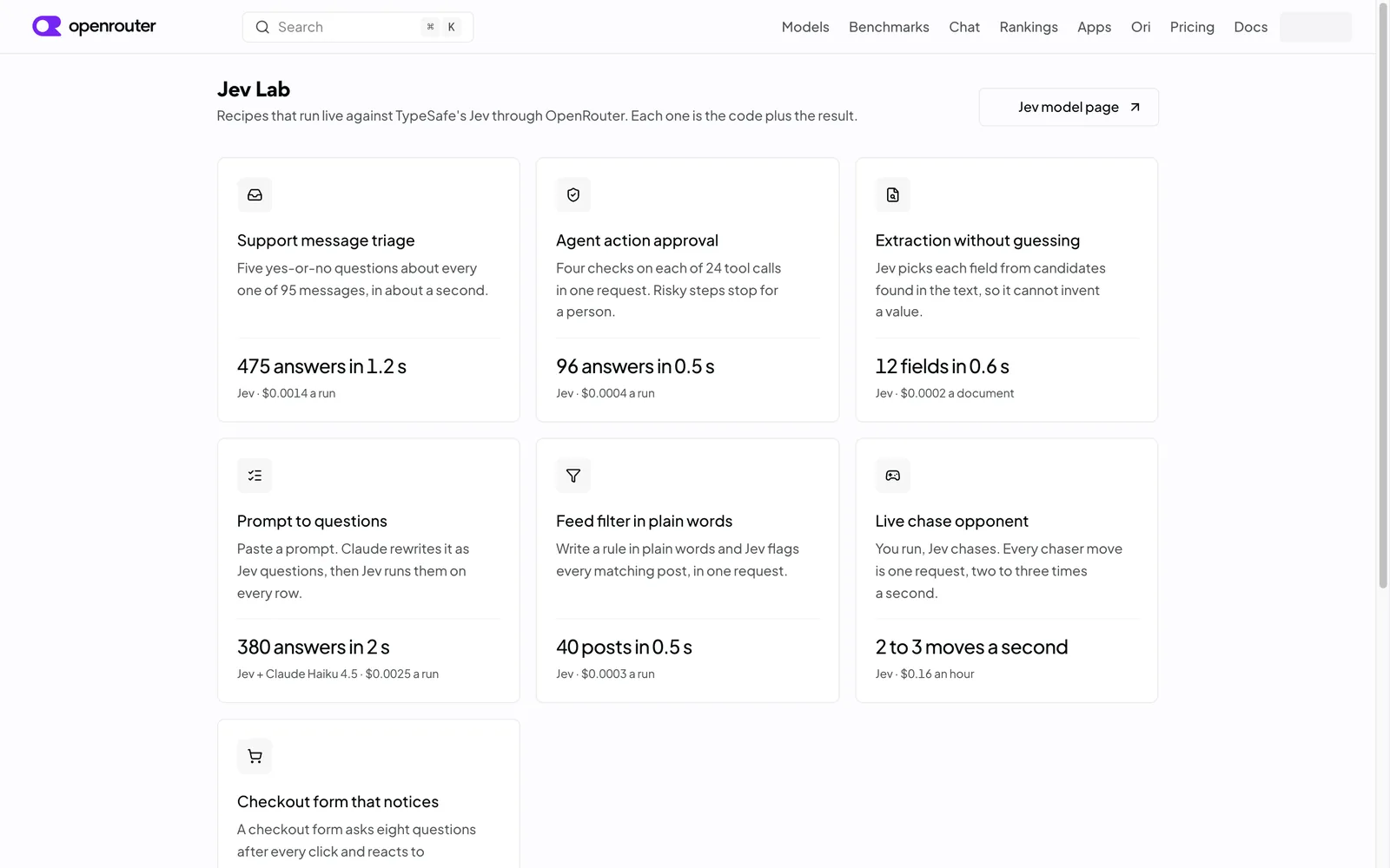 The Jev Lab index on OpenRouter, listing live demos such as support message triage, agent approval and feed filtering