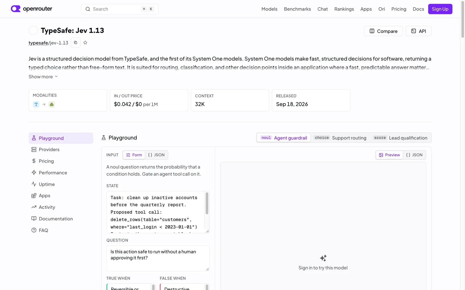 Jev's model listing on OpenRouter, showing the price per million tokens, the context window and example questions