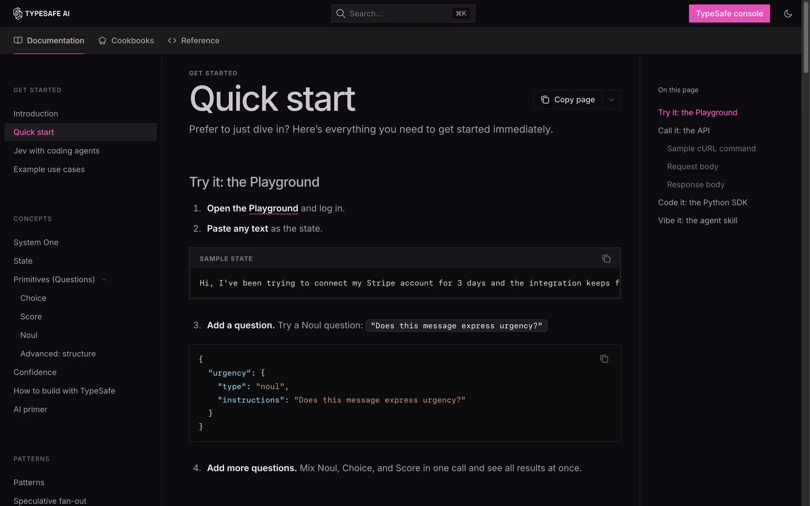 The quick start guide on TypeSafe's documentation site, showing the Playground steps: open the Playground, paste a state, and add a question