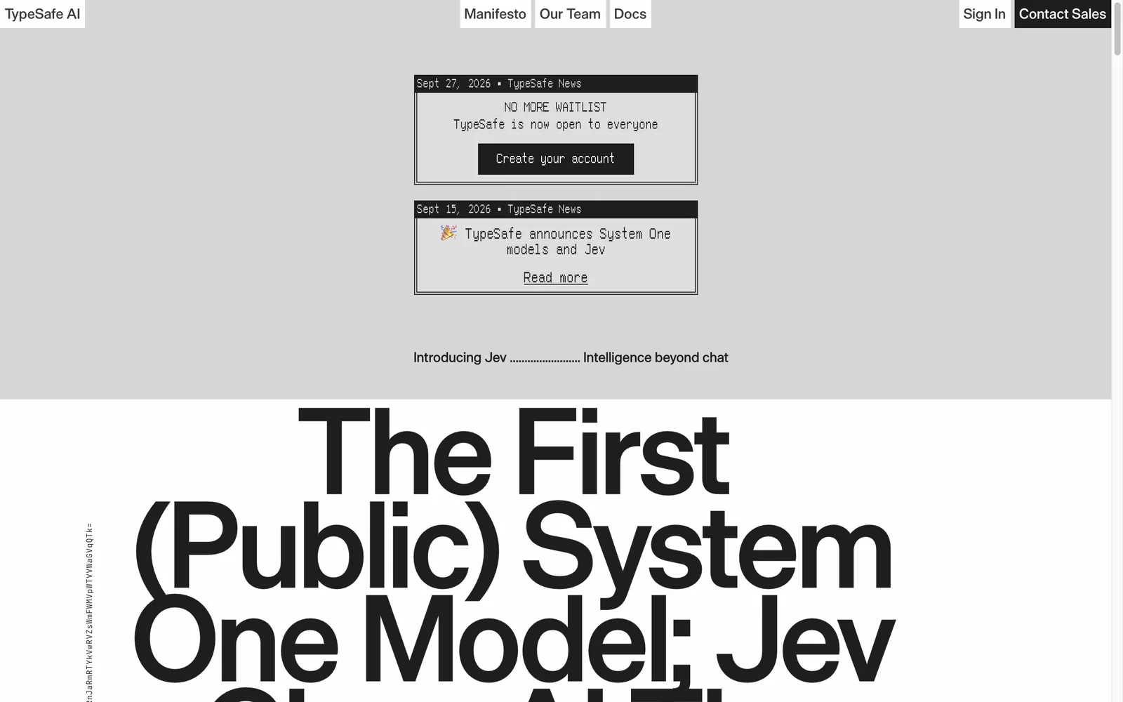 TypeSafe's homepage showing the System One and Jev announcement and the notice that TypeSafe is open to everyone