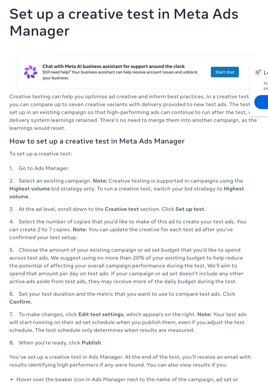 Meta's Business Help Centre page on setting up a creative test in Meta Ads Manager, showing the seven-variant test and the budget guidance, captured on 22 September 2026