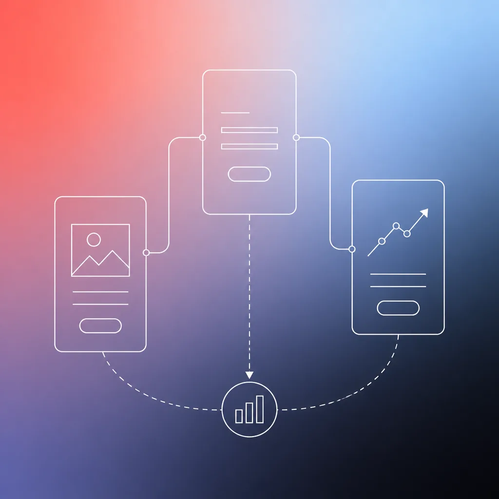 AI creative testing pipeline showing ad variations flowing from generation through A/B testing to performance data on Meta and Google platforms
