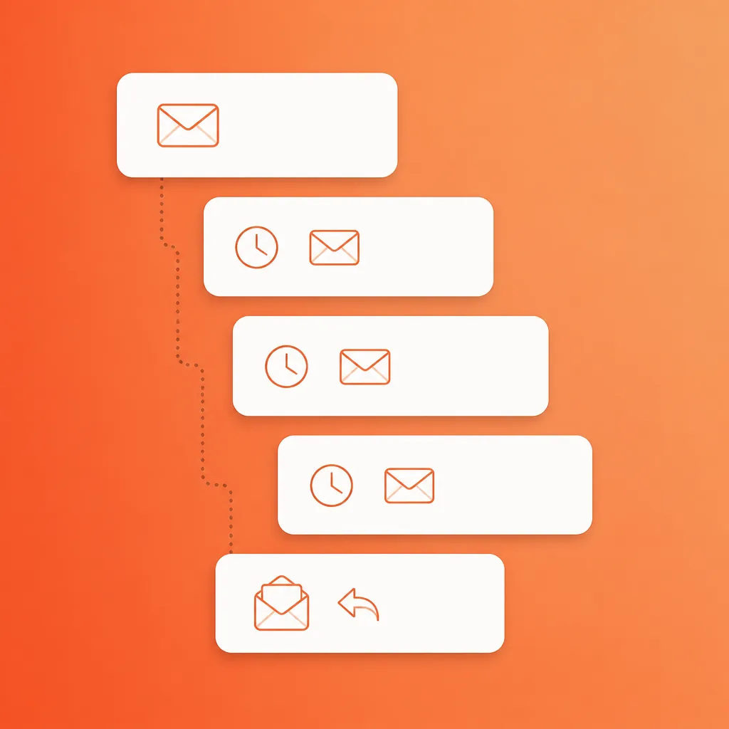 Cold email follow up sequence illustrated as five staggered white cards with envelope icons on a warm terracotta gradient