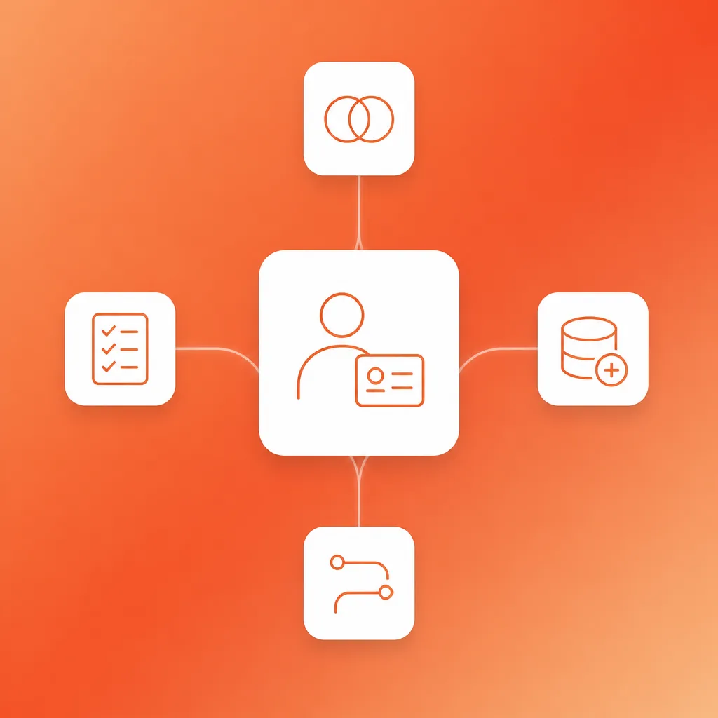 Illustration of an automated CRM data hygiene workflow with a central CRM card and radiating nodes for dedupe, enrichment, routing and review