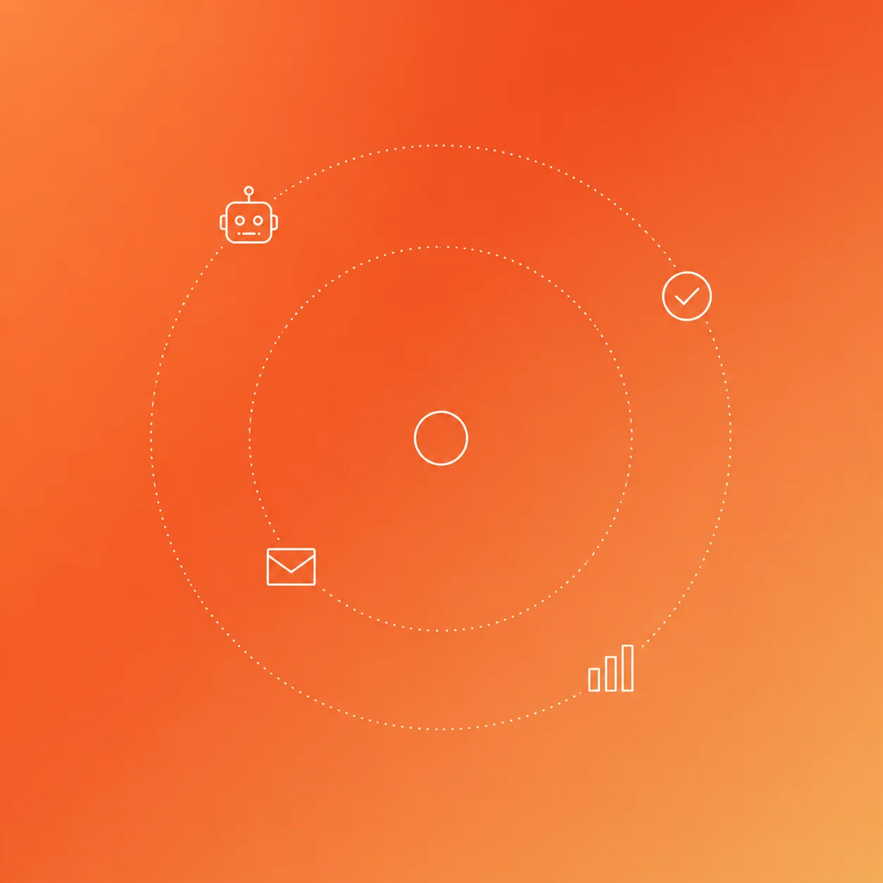 Jev drawn as a white line-art orbit of dotted rings and small icons, a robot, a check, an envelope and a bar chart, on a warm tangerine and terracotta gradient