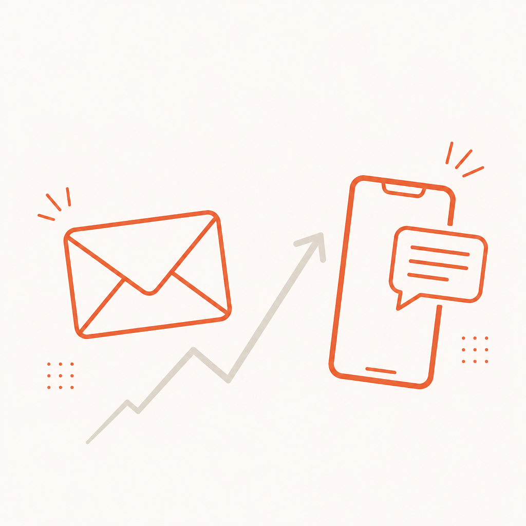 Comparison infographic showing Klaviyo email automation on one side and Klaviyo SMS marketing on the other with revenue metrics