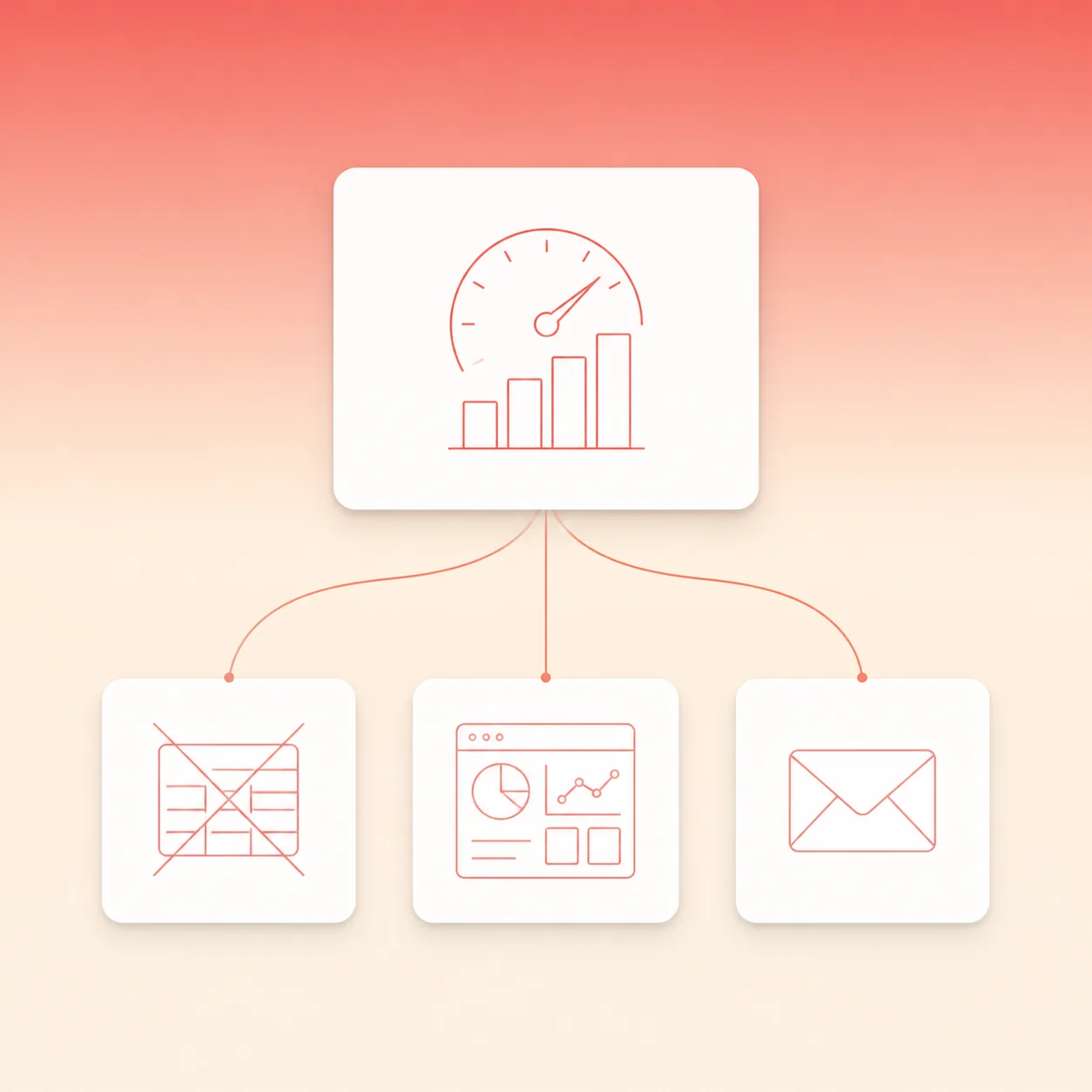 Marketing dashboard illustration showing a single card at top and three smaller cards fanning below, connected by curved lines, on a coral gradient background
