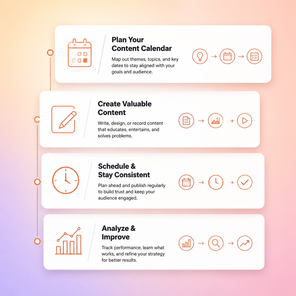 Content calendar framework showing Notion database connected to Buffer scheduling with four phases: Plan, Create, Schedule, Measure