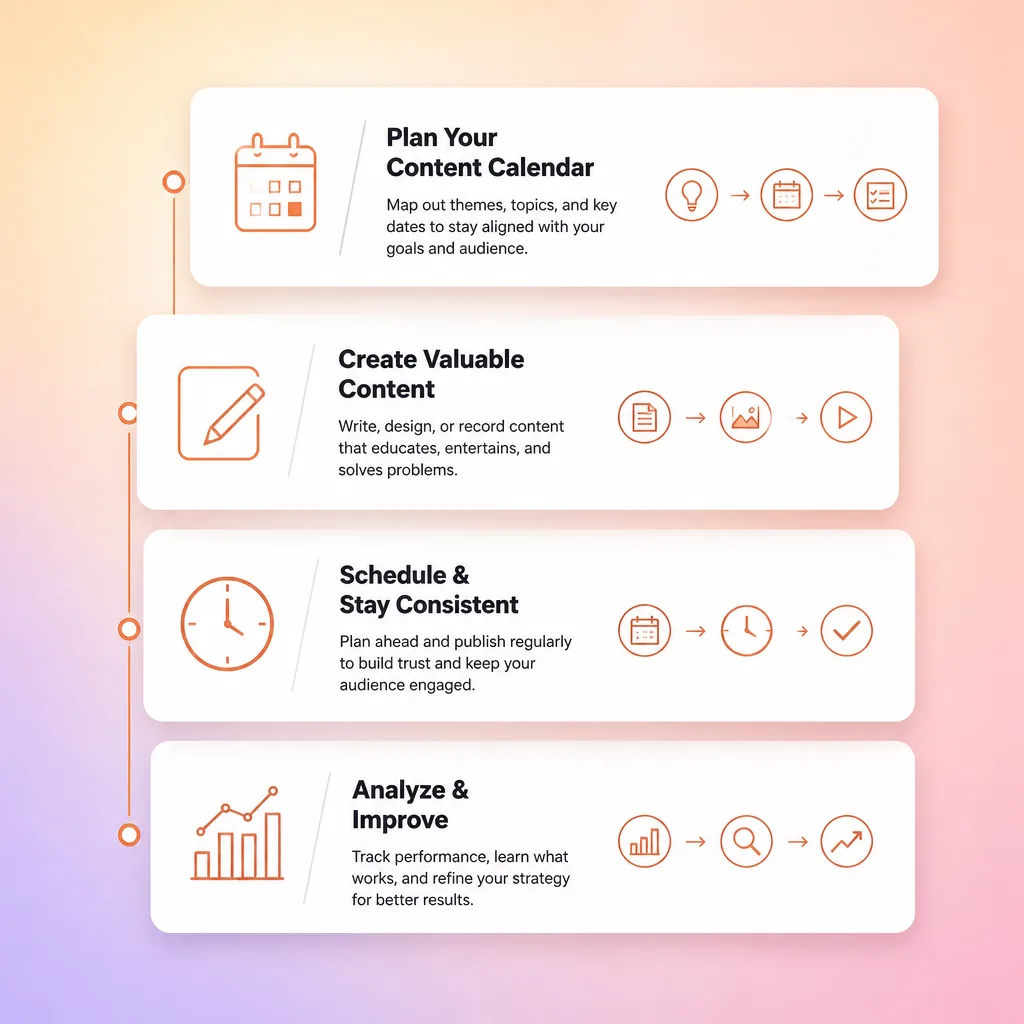 Content calendar framework showing Notion database connected to Buffer scheduling with four phases: Plan, Create, Schedule, Measure