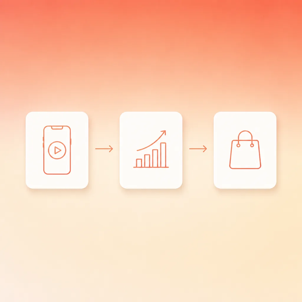 TikTok ads for Shopify workflow: campaign cards flowing to a shopping bag on a coral gradient